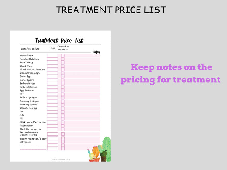 IVF Planner Inserts with Expense Tracker, Savings Goal and Treatment Price List, IUI Planner, Infertility, Fertility Journal