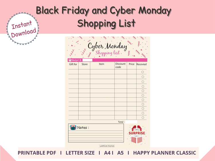 Printable Black Friday Shopping List, Cyber Monday Shopping List