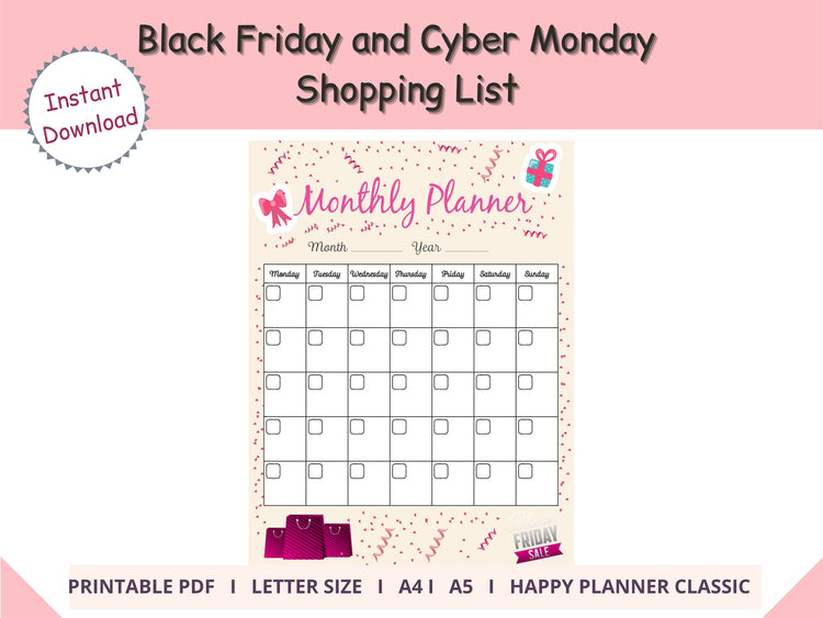 Printable Black Friday Shopping List, Cyber Monday Shopping List