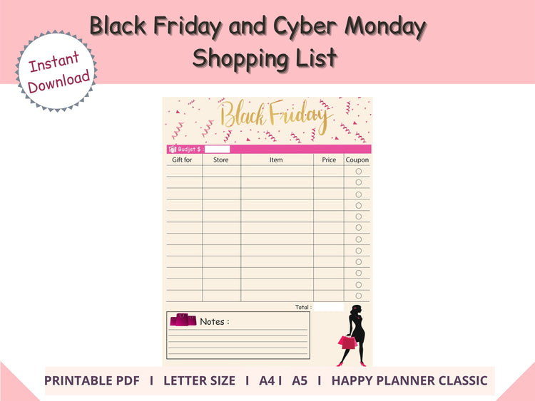 Printable Black Friday Shopping List, Cyber Monday Shopping List