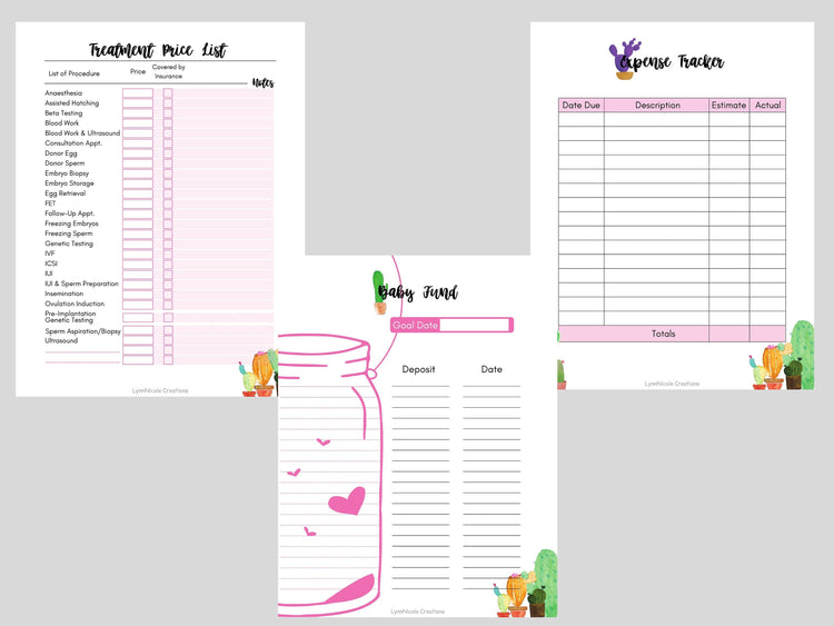 IVF Planner Inserts with Expense Tracker, Savings Goal and Treatment Price List, IUI Planner, Infertility, Fertility Journal