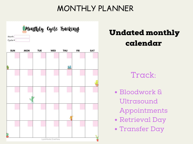 IVF Planner Inserts with BBT Chart, Cycle Tracker, and Undated Calendar, IUI Planner, Infertility, Fertility Planner, Fertility Journal